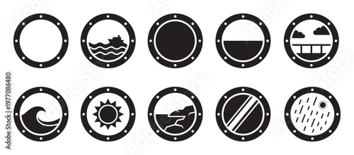 Collection of ten black and white porthole icons depicting various nautical and weather-related scenes in a clean graphic style