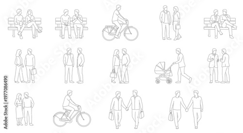 Diverse people in various everyday activities, couples, families, and individuals