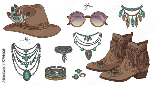 Bohemian fashion accessories collection including a feathered hat sunglasses necklaces bracelets rings and fringed boots flat vector illustration for lifestyle and travel concepts