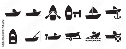 Collection of various simple boat icons in black silhouette, depicting different types of watercraft and related equipment