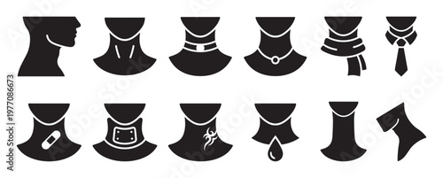 Collection of various human neck silhouettes with different accessories and conditions, presented as black glyph icons