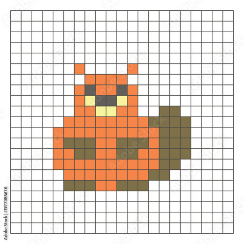 A flat pixel design made of geometric square color blocks on a clean grid layout. Pixel art beaver
