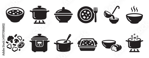 Collection of black cooking and food preparation icons, including pots, bowls, ingredients, and serving dishes, presented in a clean, graphic style