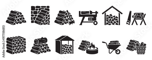 Various black wood logs and firewood icons are neatly arranged, depicting different aspects of wood preparation and storage