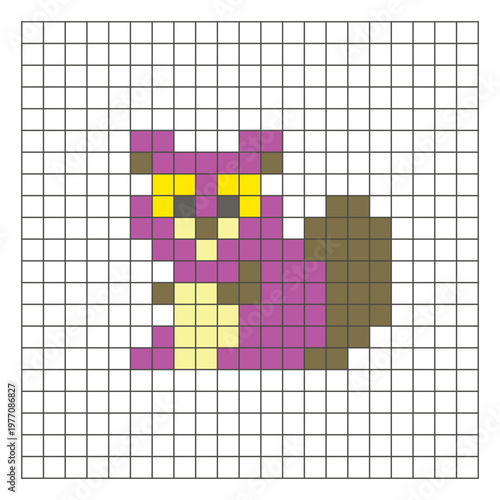 A flat pixel design made of geometric square color blocks on a clean grid layout. Pixel art beaver