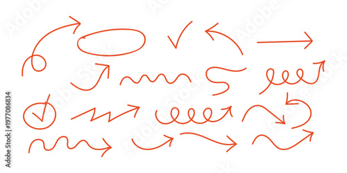 Hand drawn red arrows set doodle sketch directions symbols collection design