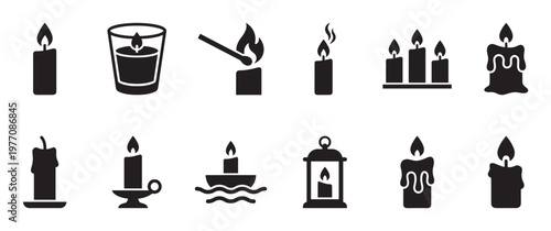 Various black silhouette candle icons with burning flames and melting wax, including a lantern and a floating candle, on a clean surface