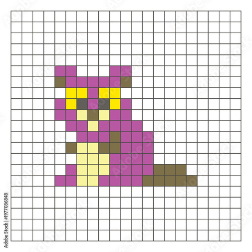 A flat pixel design made of geometric square color blocks on a clean grid layout. Pixel art beaver