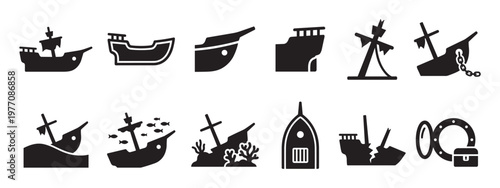 Collection of black silhouette shipwreck icons with various designs, including a treasure chest and porthole, on a clean white surface