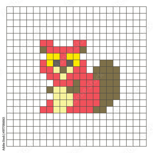 A flat pixel design made of geometric square color blocks on a clean grid layout. Pixel art beaver
