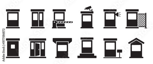 Collection of various black silhouette security booths and toll gate icons, featuring different designs and elements