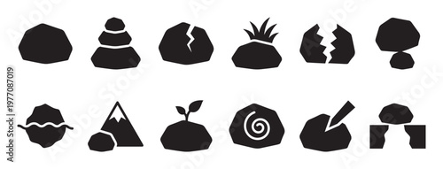 Various black rock and stone icons are arranged in two rows, showcasing different shapes and natural elements in a simple graphic style