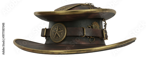 Steampunk style cowboy hat made of dark brown leather with brass metal accents and a star emblem isolated on a transparent background