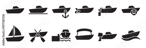 Collection of black boat icons representing various watercraft and marine activities in a clean, minimalist style