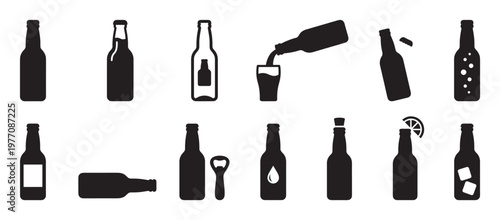 Various black beer bottle icons are neatly arranged in a grid, showcasing different states like open, closed, pouring, and with accessories