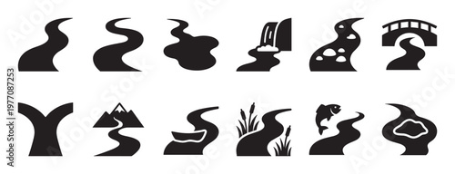 Collection of twelve diverse river and water stream icons in a minimalist black and white graphic style, showcasing various natural elements