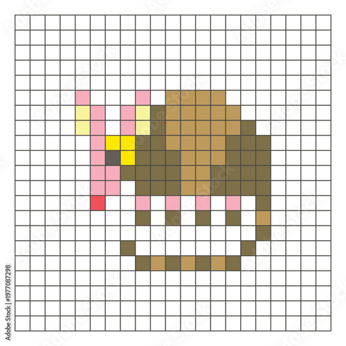 A flat pixel design made of geometric square color blocks on a clean grid layout. Pixel art armadillo