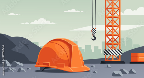 Vibrant Construction Site Scene Vector Illustration Featuring Orange Hard Hat and Crane with Industrial Backdrop