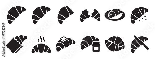 Collection of twelve black croissant icons in various forms, including whole, bitten, broken, and served with butter or jam
