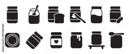 Collection of various black and white jam and peanut butter jar icons, depicting different states and uses