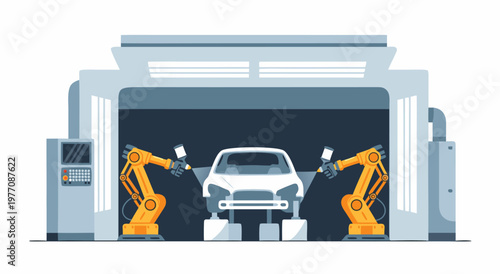 Automotive painting booth with robotic arms in a modern factory, vector illustration of car manufacturing process