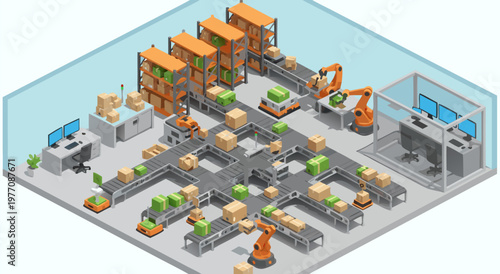 Isometric vector illustration of a futuristic automated warehouse with robotic arms and conveyor belts