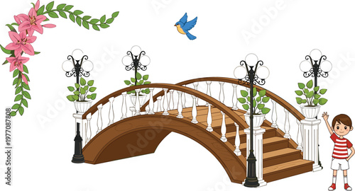 Decorative garden bridge with flowers street lamps flying bird and cute boy cartoon vector illustration for park landscape design