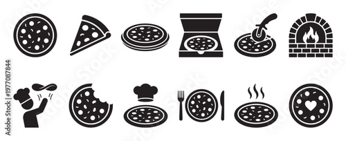 Various black and white pizza icons illustrate different aspects of preparation, serving, and enjoyment, presented in a clean graphic style