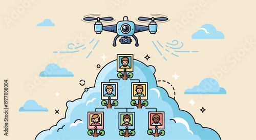 Futuristic drone flying above a mountain of interconnected computer screens displaying data and analytics in a digital