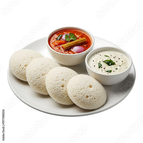 A plate of idlis with sambar and coconut chutney