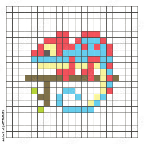 A flat pixel design made of geometric square color blocks on a clean grid layout. Pixel art chameleon
