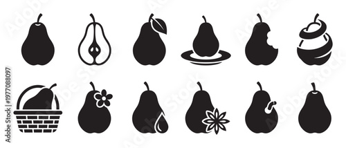 Various black pear icons with different details and shapes, including whole, sliced, bitten, and peeled fruit designs