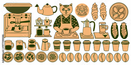 A whimsical illustration of a cat potter surrounded by ceramics and baked goods