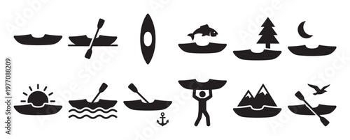 Black and white canoe and kayak icons with paddles, fish, sun, moon, mountains, and a person carrying a boat, presented in a clean, graphic style