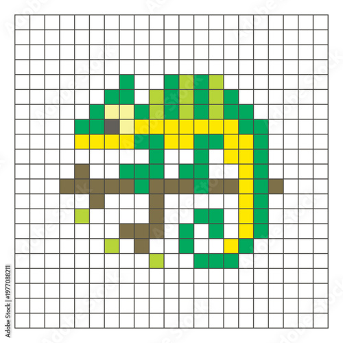A flat pixel design made of geometric square color blocks on a clean grid layout. Pixel art chameleon