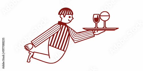 A waiter carrying drinks on a tray in a minimalist style