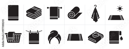 Various black silhouette towel icons are neatly arranged in a grid, depicting different states and uses of towels