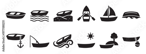 Collection of various boat and watercraft icons in a simple, clean black silhouette style, perfect for graphic design
