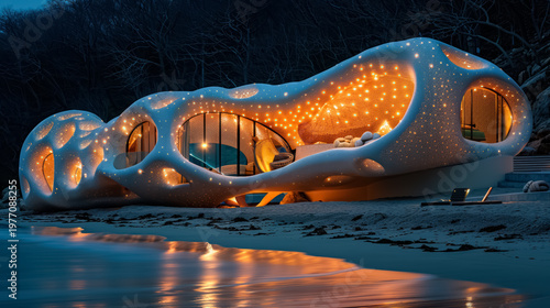 Modern villa adorned with intricate, iridescent patterns