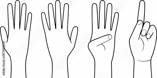 Five black and white illustrations of a human hand in different poses