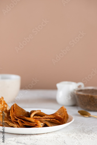 Healthy gluten free crepes with chia seed vegan caviar. Sugar Free. Clean eating breakfast. Vertical orientation.