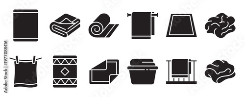 Various black silhouette icons representing different types of towels and bath accessories, presented in a clean, modern graphic style