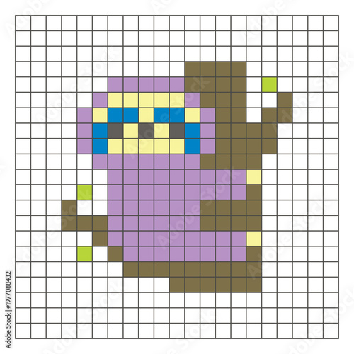 A flat pixel design made of geometric square color blocks on a clean grid layout. Pixel art sloth
