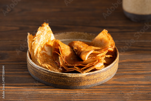 Clean eating crepes gluten, lactose and sugar free on a wooden table. Homemade pancakes.