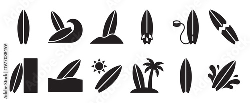 Various black surfboard icons illustrate different surfing scenarios, including boards in waves, on sand, with fins, and broken, presented in a clean graphic style