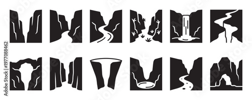 Collection of twelve distinct black and white canyon landscape icons featuring rivers, waterfalls, and rock formations in a clean, graphic style