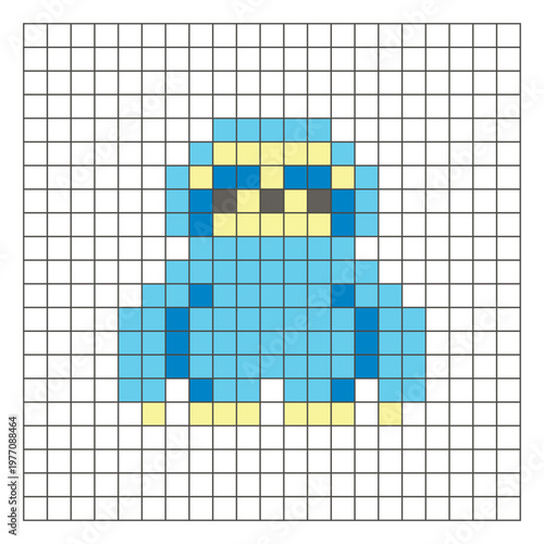 A flat pixel design made of geometric square color blocks on a clean grid layout. Pixel art sloth