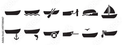 Collection of simple black boat icons depicting various nautical activities and watercraft elements in a clean, graphic style