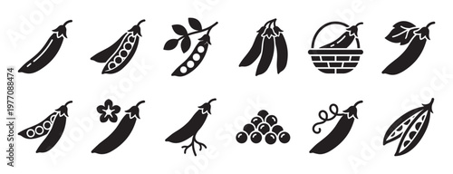 Various black silhouette pea pod icons with different styles and details, including whole, open, and shelled peas