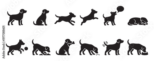 Collection of black dog silhouettes depicting various actions like standing, sitting, running, playing, and eating in a clean, graphic style